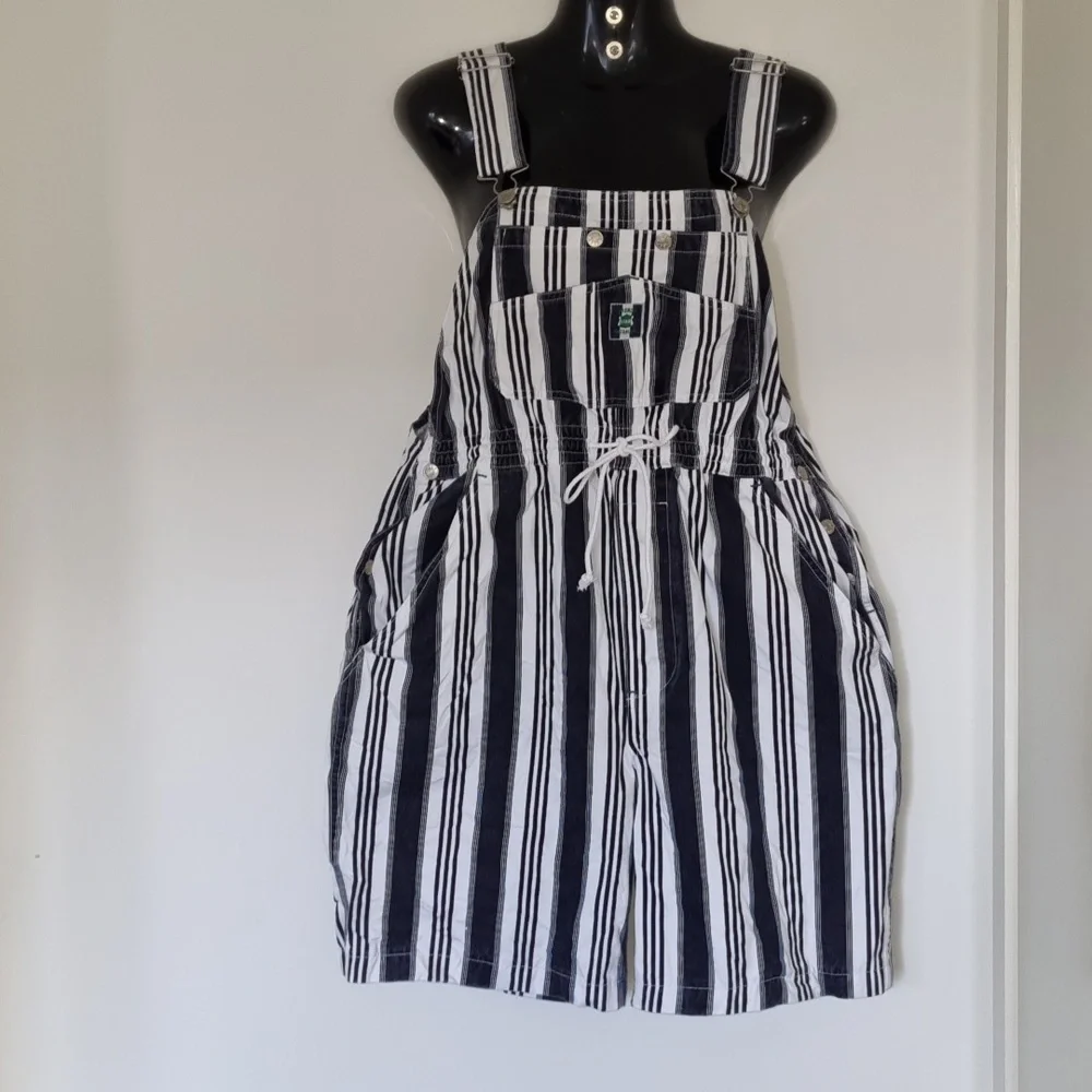 French star overalls, vintage, 90's,blue denim look & white stripes, size L - Picture 2 of 13